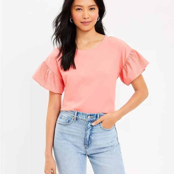 LOFT Women's Stretchy Coral Ruffle Sleeve Cotton Top - Size Small NEW - Picture 1 of 5